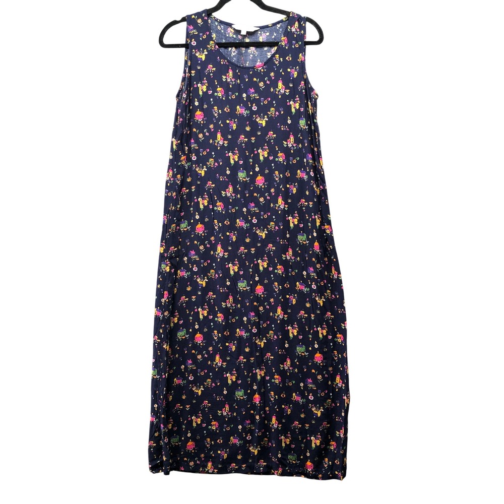 Melrose Studio Sleeveless Maxi Shift Dress Size L Navy Blue House Print Novelty